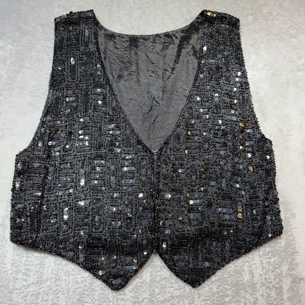 Vintage Black Silk Sequin Beaded Vest Geometric Art Deco‎ Evening Party Medium